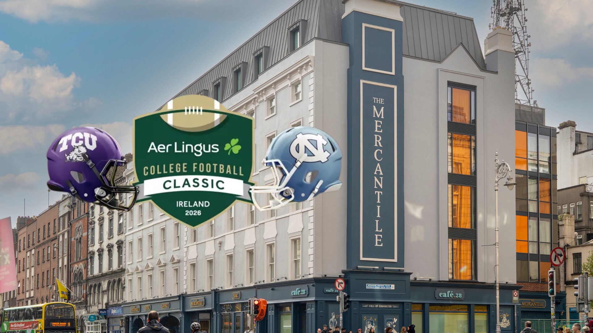 Exteriot of The Mercantile Hotel with the Aer Lingus College Football Classic 2026 logo over it